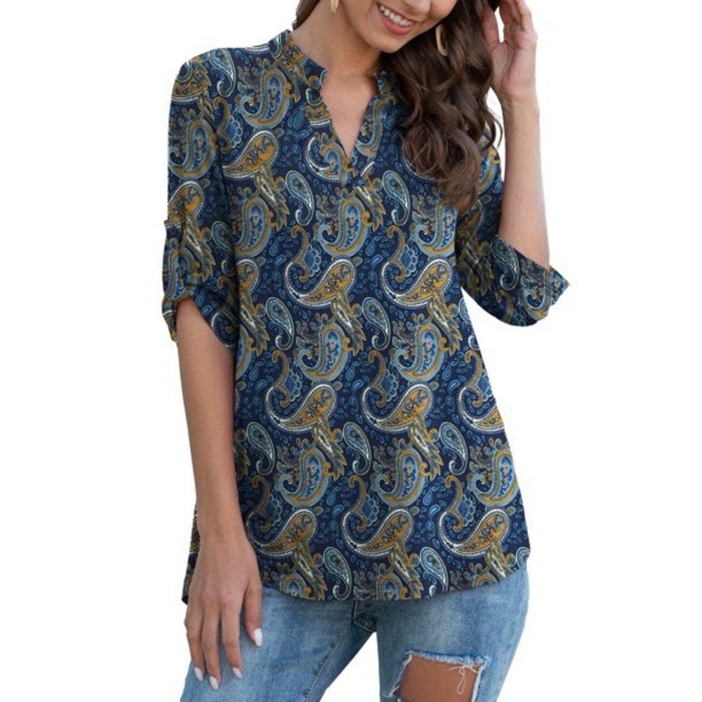 Women's Plus Size Tunic Tops 3/4 Roll Sleeve Notch V Neck Blouses Shirts